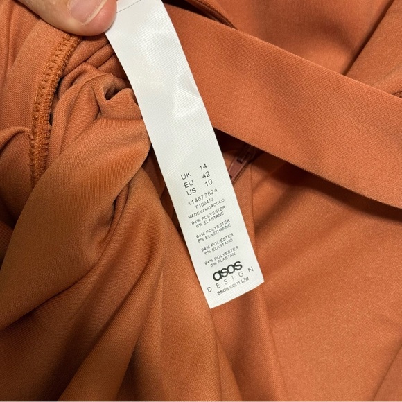 ASOS Design Elegant Tan Orange Long Sleeve Bardot Neckline Drape Mid Dress - Picture 11 of 11